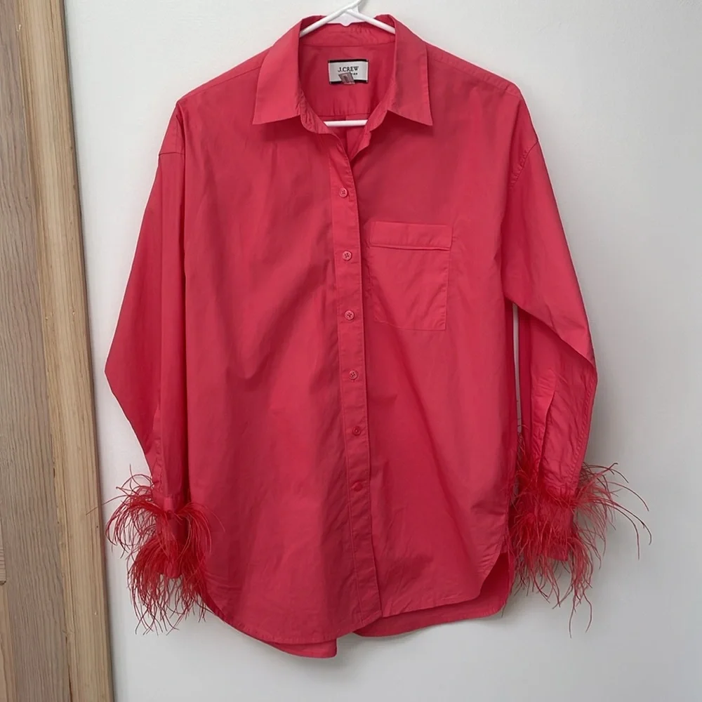 J. Crew Collection top Feather Cuff Trim Cotton Poplin Button Up Down Blouse - Picture 2 of 8